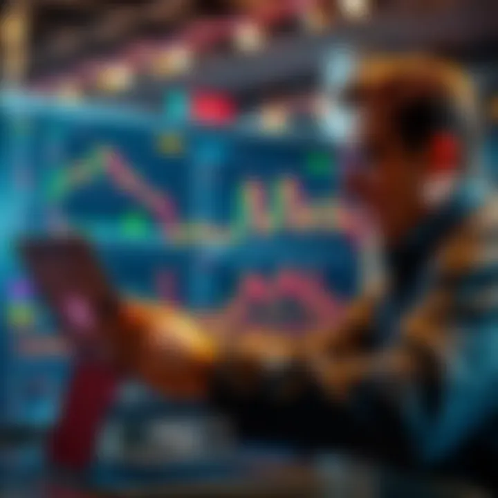 A casual trader examining cryptocurrency charts on a laptop with excitement and focus