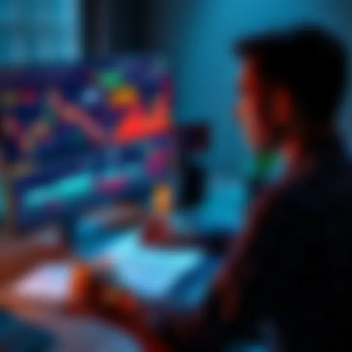 A person studying cryptocurrency charts on a computer screen with notes and a calculator on the desk