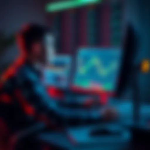 A developer sitting at a computer with code and trading charts on the screen, thinking about launching a trading bot product.