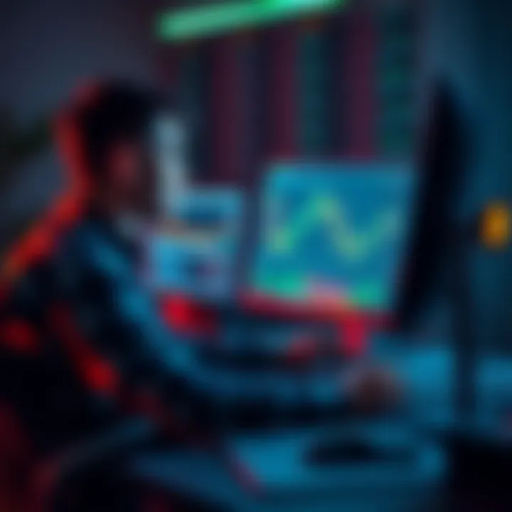 A developer sitting at a computer with code and trading charts on the screen, thinking about launching a trading bot product.