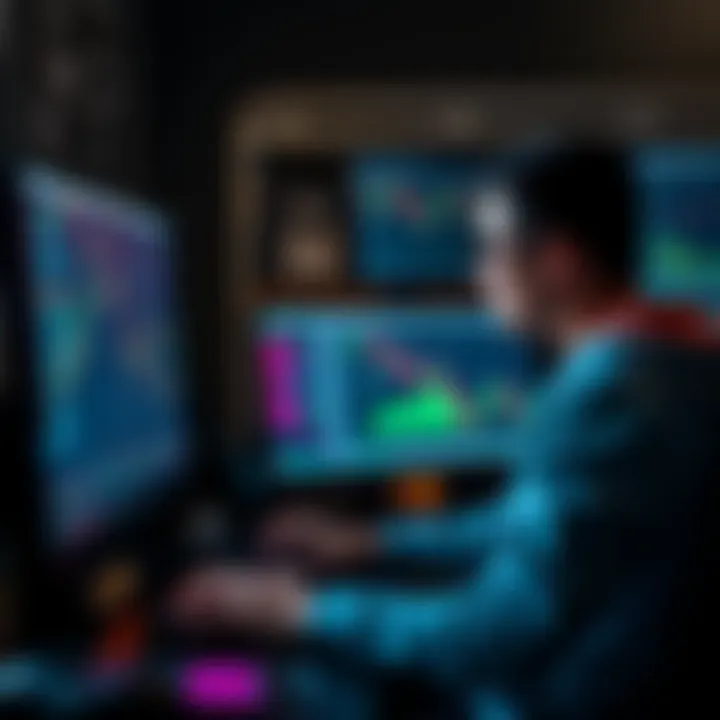 A person working on a computer, coding and analyzing data for a crypto trading bot platform.