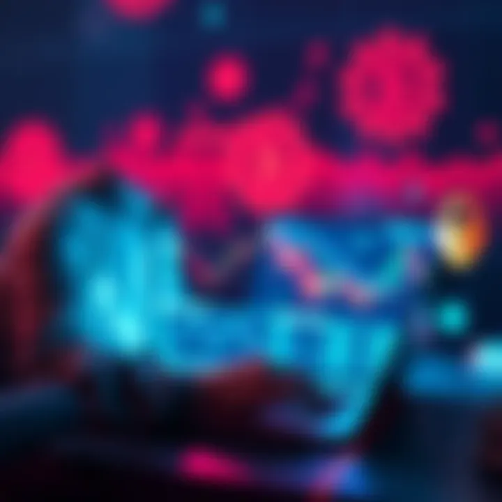 A person reviewing cryptocurrency data on a laptop, surrounded by charts and security symbols, symbolizing safe trading practices.