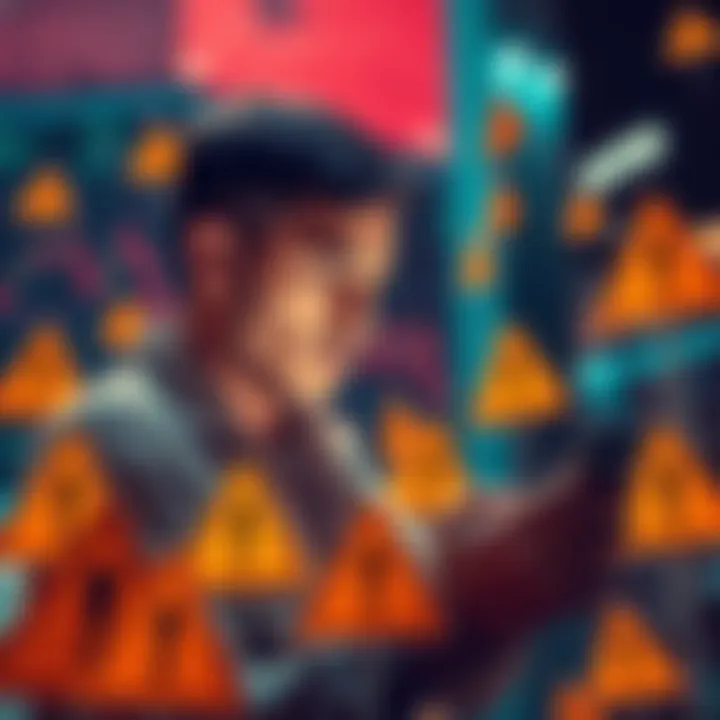 A person checking cryptocurrency prices on a smartphone, surrounded by caution signs, representing the importance of being careful in trading