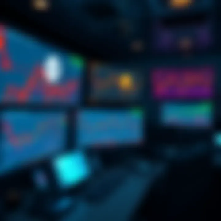 A busy trading desk with multiple screens showing cryptocurrency charts and market data.