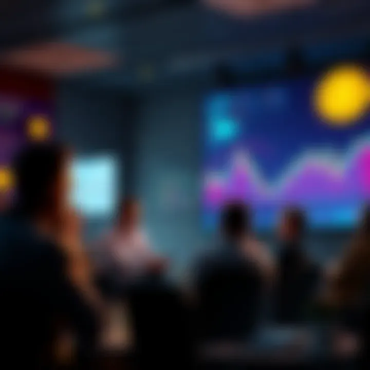 A group of people sharing insights about cryptocurrency trading in a forum setting, with charts and digital currency symbols in the background.