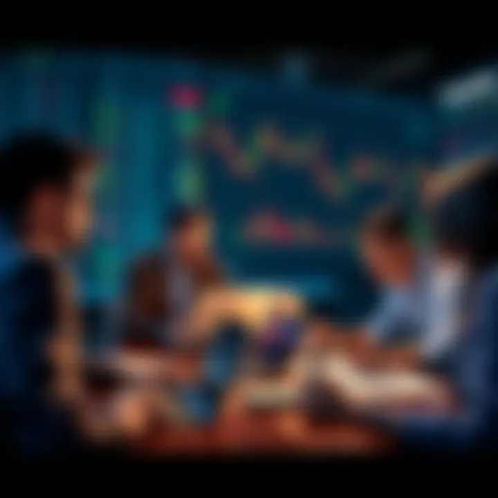 Crypto Trading Strategies Discussion A group of people discussing cryptocurrency trading strategies, with laptops and charts visible