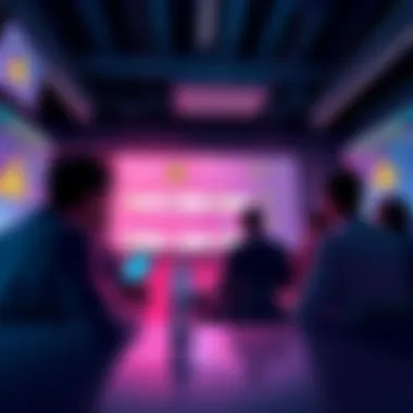 A group of people discussing cryptocurrency trading, with caution signs and safety tips visible on screens.