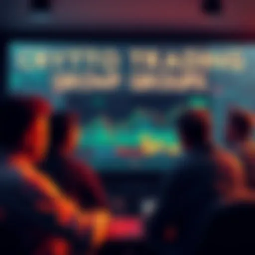 A group of people discussing crypto trading strategies with charts and meme coins on a screen