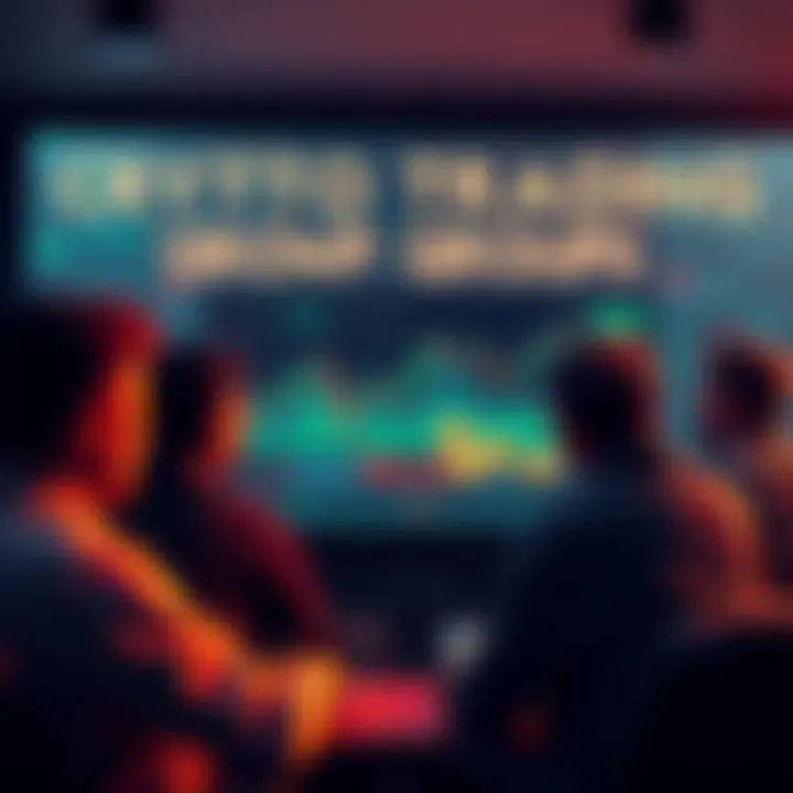 A group of people discussing crypto trading strategies with charts and meme coins on a screen