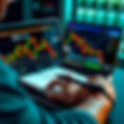 A person analyzing cryptocurrency charts on a laptop with a notebook and pen, reflecting on trading strategies and habits for success.