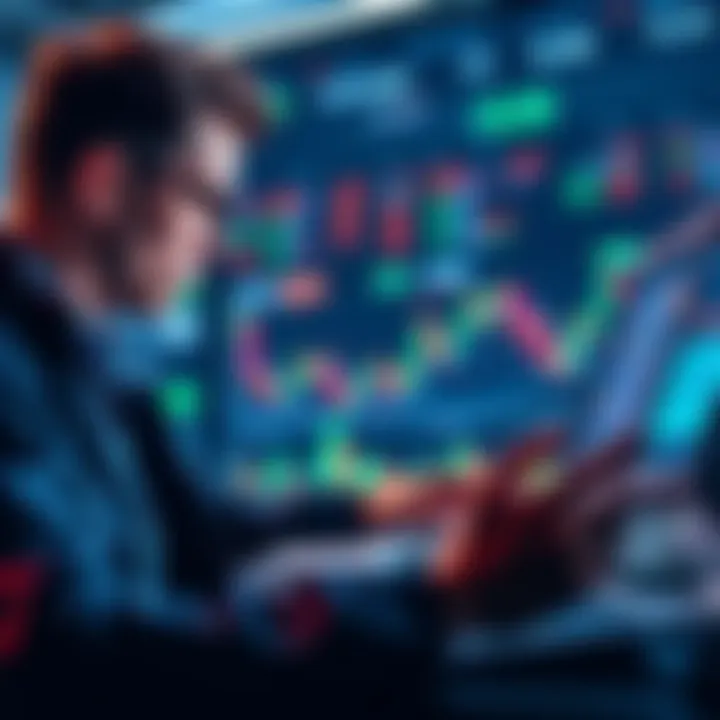 A trader analyzing cryptocurrency charts and data with a laptop, focusing on charts and market trends.