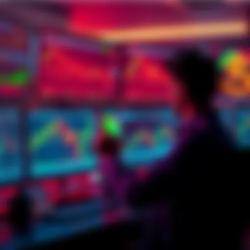 Crypto Trading Insights A graphic showing a trader analyzing cryptocurrency charts on multiple screens with digital currency icons around.