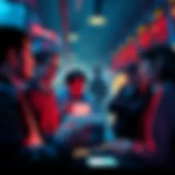 People discussing cryptocurrency strategies in a volatile market setting, showing mixed emotions of profit and loss.