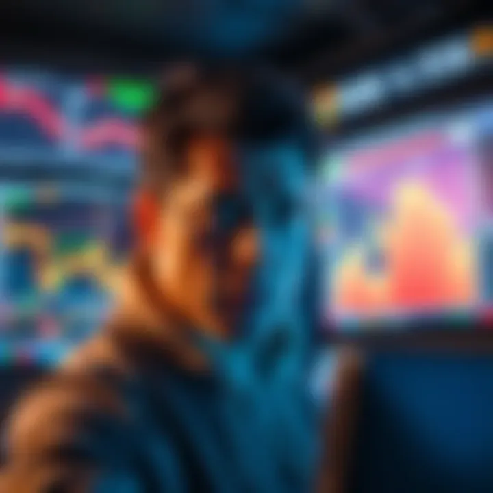 A trader looking worried while monitoring cryptocurrency prices on multiple screens, highlighting post-trade challenges and market dynamics.