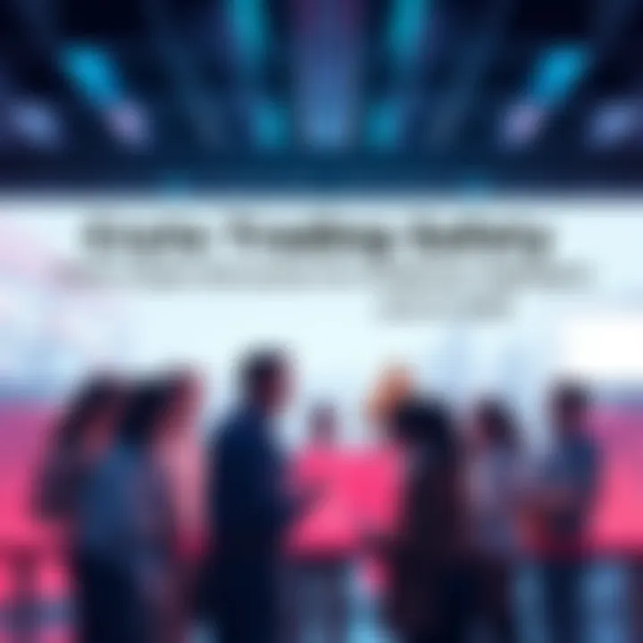 A group of people discussing cryptocurrency trading strategies with caution signs around them.