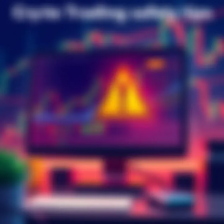 Crypto Trading Safety Tips A digital illustration showing a computer screen with cryptocurrency charts and a warning sign, highlighting the need for caution in trading.