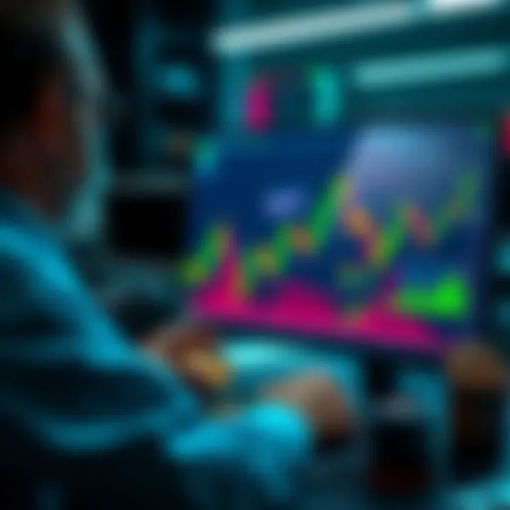 A trader analyzing charts and digital currency on a computer screen with profit graphs and crypto symbols around.