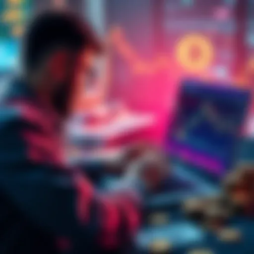 A person looking at a laptop displaying cryptocurrency charts with fluctuating prices and graphs, surrounded by coins and notes.