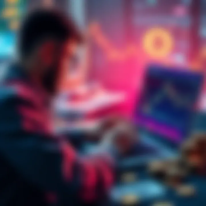 A person looking at a laptop displaying cryptocurrency charts with fluctuating prices and graphs, surrounded by coins and notes.