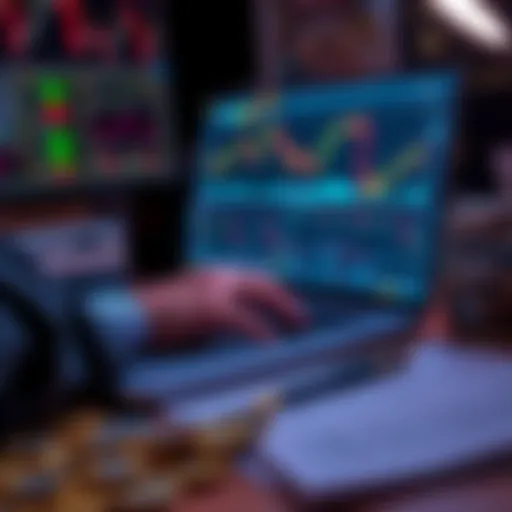A person analyzing cryptocurrency charts on a laptop, with coins and trading notes scattered on the desk, indicating active trading strategies