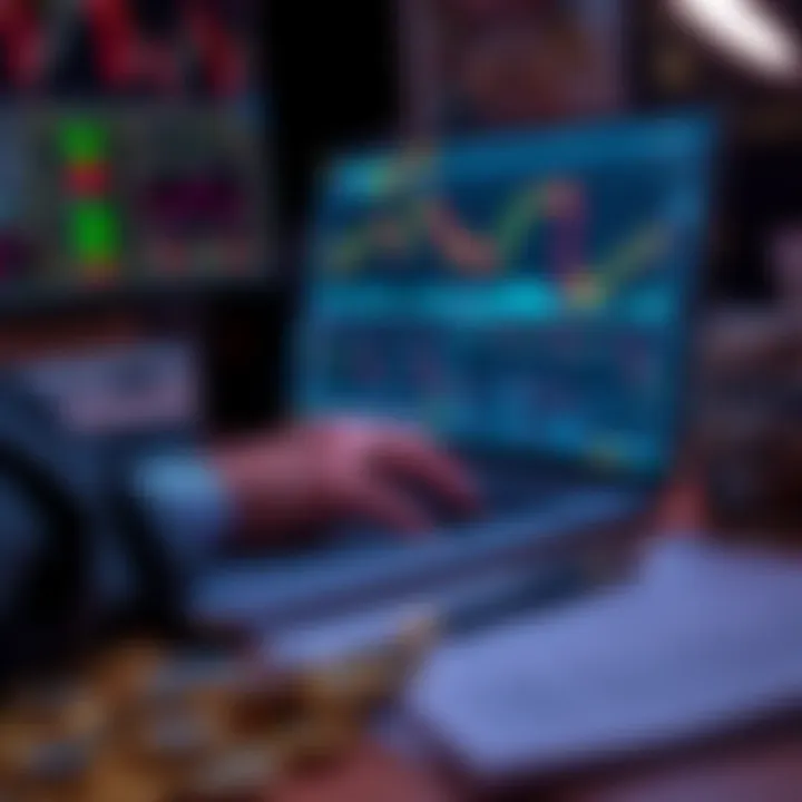 A person analyzing cryptocurrency charts on a laptop, with coins and trading notes scattered on the desk, indicating active trading strategies