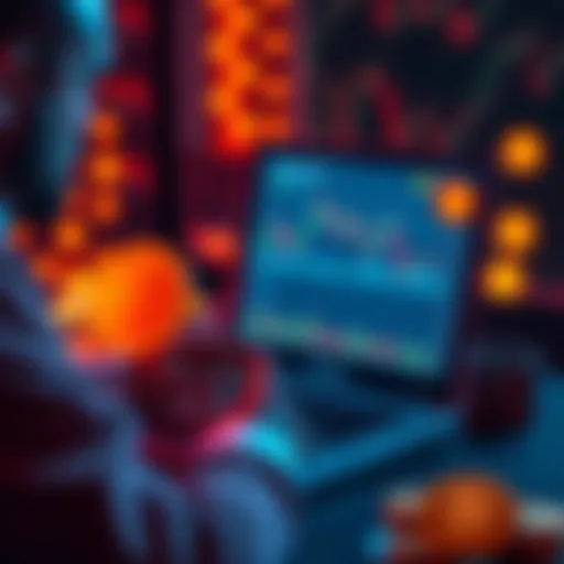 A person analyzing cryptocurrency charts on a laptop, with vibrant digital coins displayed around them.