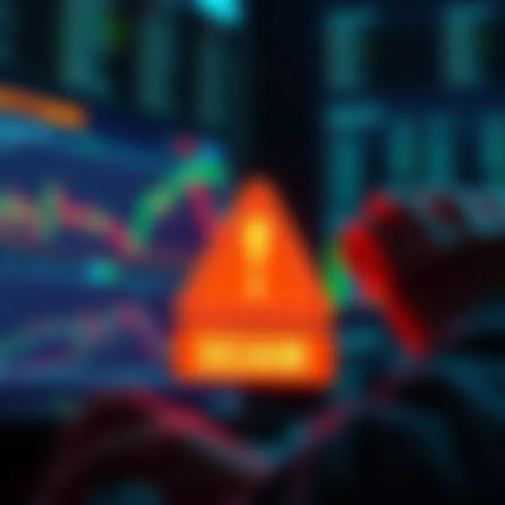 Person analyzing cryptocurrency graphs with a warning symbol about scams