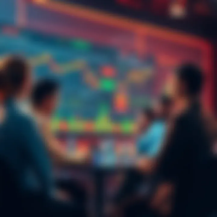 Crypto Trading Tips A group of people discussing cryptocurrency trading strategies with charts and graphs on a screen in the background