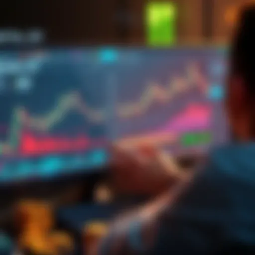 A person analyzing cryptocurrency charts and tools on a computer screen, surrounded by coins and graphs, focusing on identifying valuable opportunities in trading.