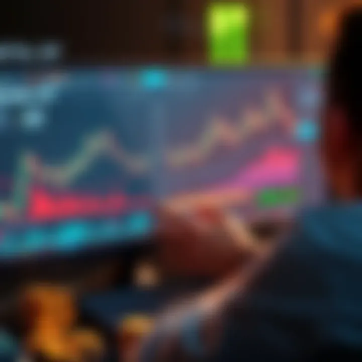 A person analyzing cryptocurrency charts and tools on a computer screen, surrounded by coins and graphs, focusing on identifying valuable opportunities in trading.