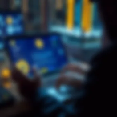 Crypto Transactions and Privacy A person analyzing cryptocurrency transactions on a laptop, highlighting privacy features with symbols of Litecoin and Monero.