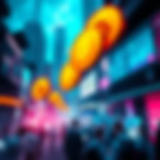 A futuristic cityscape showing digital currency symbols floating above people engaging with technology, inspired by Black Mirror themes.