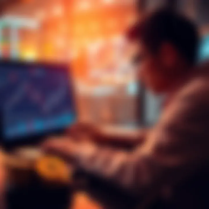 A person analyzing cryptocurrency charts on a laptop with digital coins in the foreground.