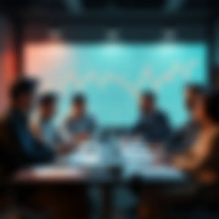 Group of people discussing cryptocurrency challenges with charts and notes on a table