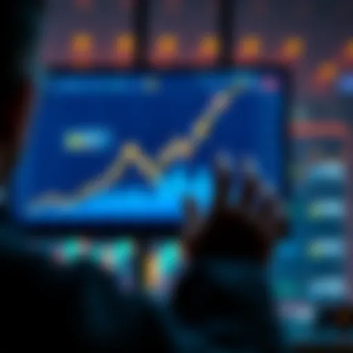A person looking at a screen displaying a rising cryptocurrency graph, showing excitement about a recent spike in value before a purchase.