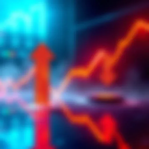 A graphic showing fluctuating cryptocurrency prices with upward and downward arrows, representing the conflict of wanting gains and losses in investments.