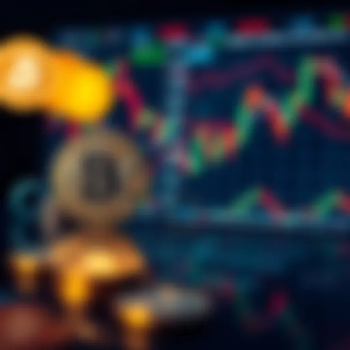 A visual comparison of cryptocurrency symbols and stock market charts indicating volatility and stability.