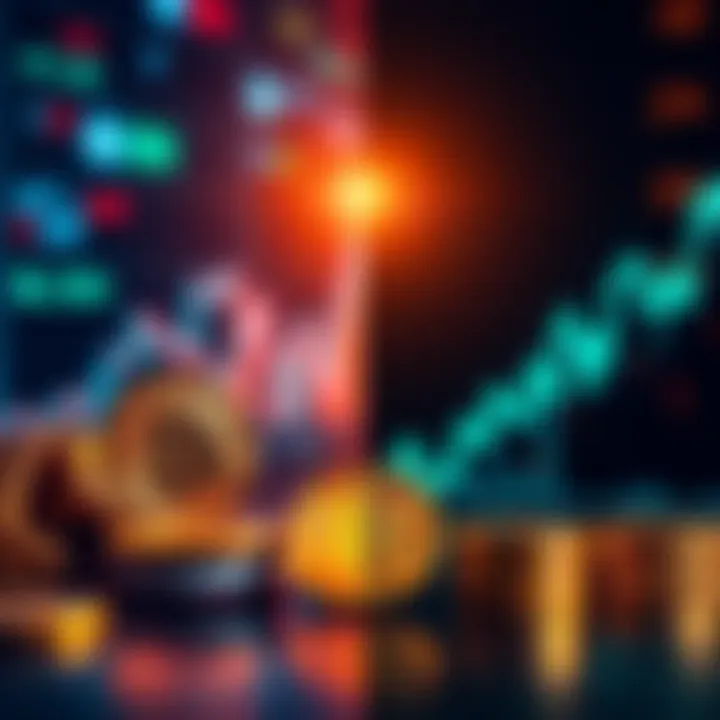 A split image showing a bullish stock market graph on one side and cryptocurrency symbols like Bitcoin on the other, representing investment options.