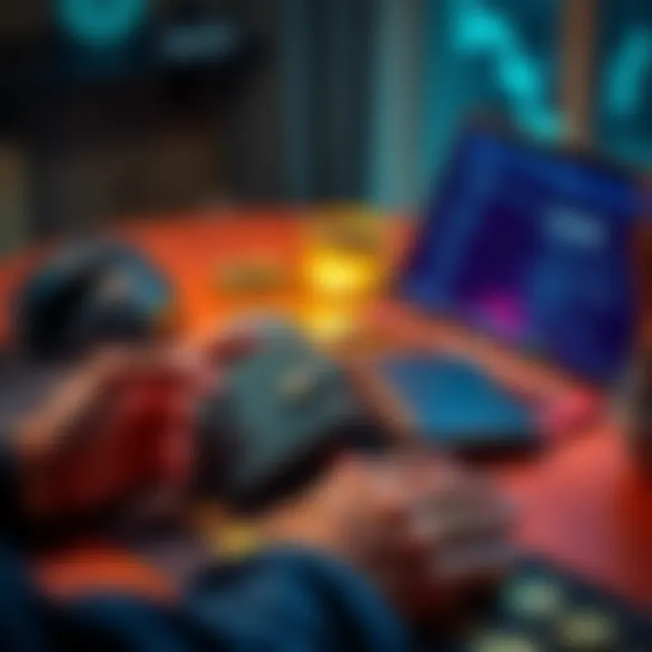 A person comparing two crypto wallets, Ledger and Trezor, on a table with a laptop and digital currency symbols