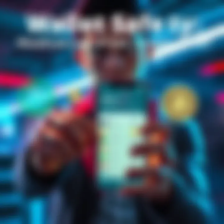 A person looks concerned while holding a phone showing a crypto wallet app, with digital currency icons around them.