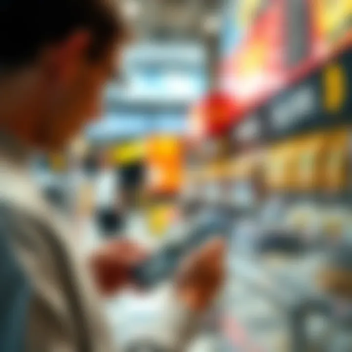 Crypto Wallet and Shopping Scene A person using a digital wallet on their phone while shopping in a modern store, representing real-life crypto applications.