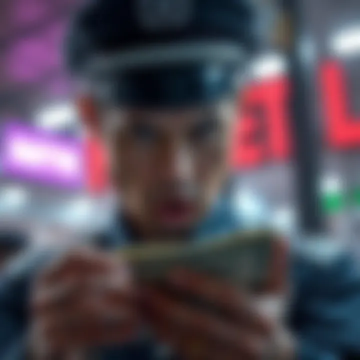 Police officer reviewing cryptocurrency wallet details with a shocked expression, symbolizing the theft of 4.4 million dollars after a password leak.