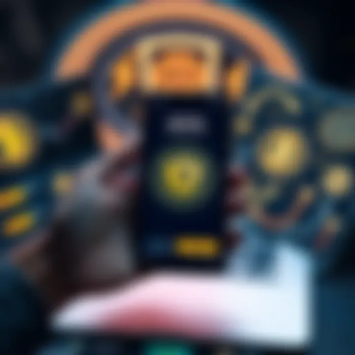 A person holding a smartphone displaying a crypto wallet app, surrounded by hardware wallets and laptop with security icons