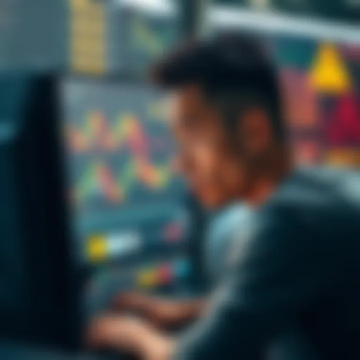 A worried person looking at a computer screen with cryptocurrency charts and warning signs, illustrating concerns over account restrictions at Nexo for US customers.