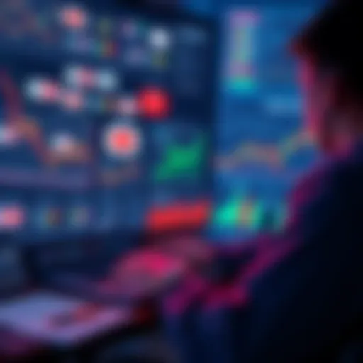 A person watches multiple crypto YouTube channels on their laptop, taking notes while surrounded by charts and graphs.