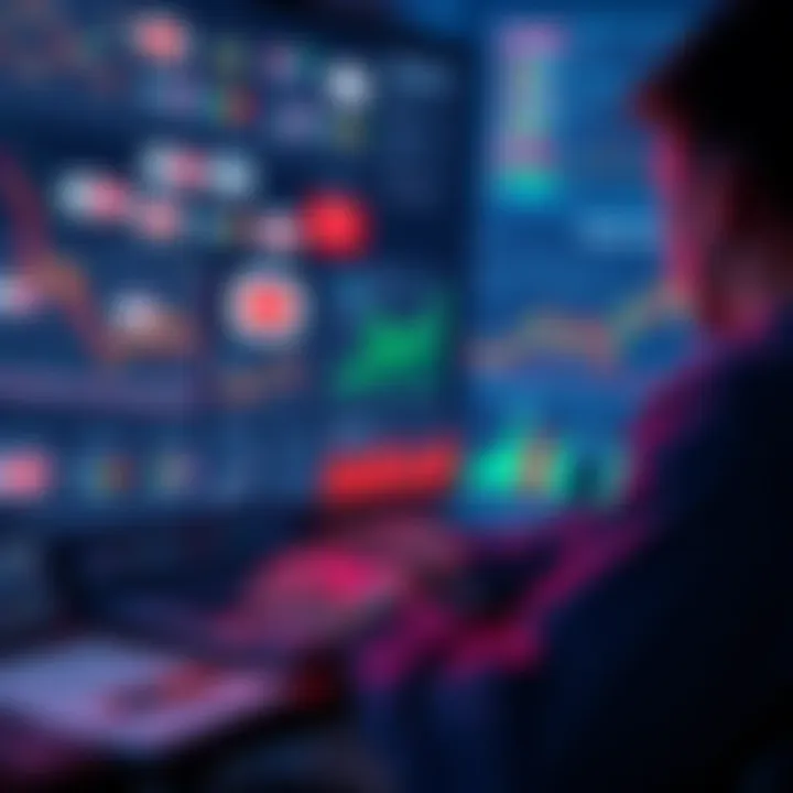 A person watches multiple crypto YouTube channels on their laptop, taking notes while surrounded by charts and graphs.