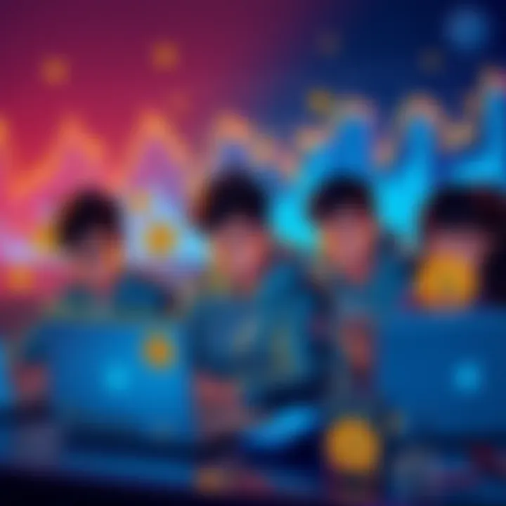 A group of young people using laptops and smartphones to trade cryptocurrency, surrounded by digital currency symbols and graphs, representing the bypassing of sanctions in 2026.