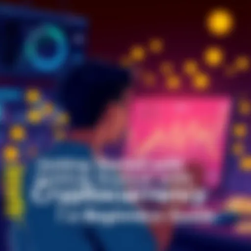 Cryptocurrency Basics An illustration showing a person looking at a computer screen with cryptocurrency charts and coins around them, representing beginners learning about crypto investing.