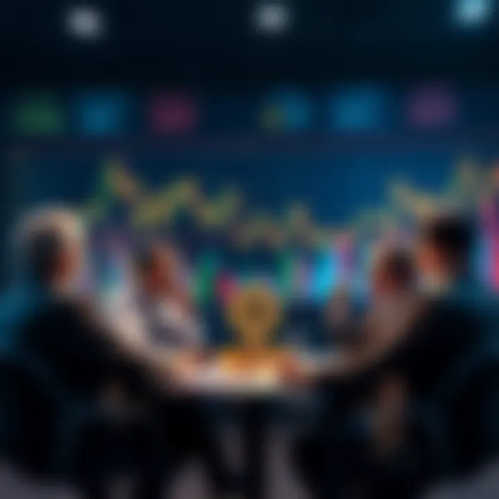 A group of experts discussing cryptocurrency with charts and graphs in the background, showing fluctuating values.