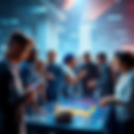 A group of diverse people exchanging cryptocurrency on a digital platform, illustrating the rise of crypto investments in America.